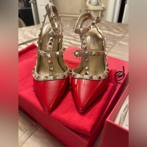 Valentino Garavani Red Patent Rockstud T-Strap Pumps with Nude Trim